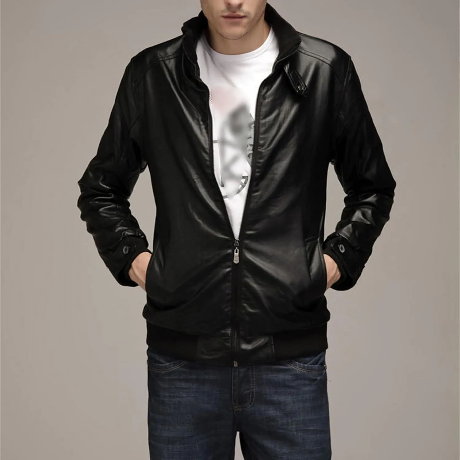 Men's Casual Stand Collar Biker Coat Long Sleeve Motorcycle Leather Jacket Fall Winter Sport Bomber Outwear