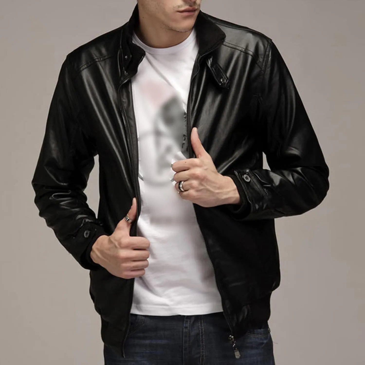 Men's Casual Stand Collar Biker Coat Long Sleeve Motorcycle Leather Jacket Fall Winter Sport Bomber Outwear
