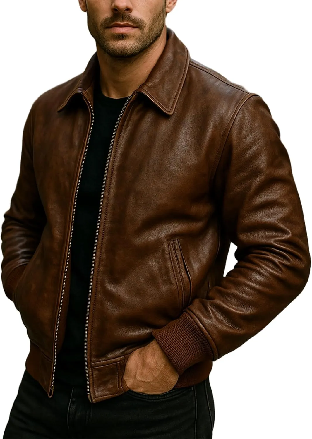 Mens Casual Vintage Motorcycle Riding Real Black Bomber Biker Faux Leather Jacket