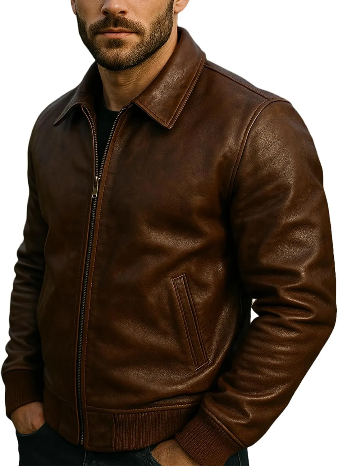 Mens Casual Vintage Motorcycle Riding Real Black Bomber Biker Faux Leather Jacket