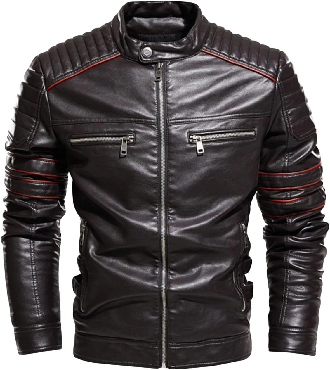 Men's Chest Zip Leather Jacket Slim Motorcycle Leather Jacket Men Cuffs Zipper Lightweight Faux Leather Jacket