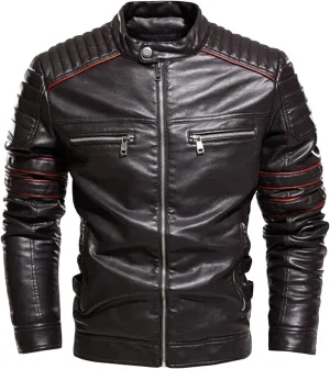 Men's Chest Zip Leather Jacket Slim Motorcycle Leather Jacket Men Cuffs Zipper Lightweight Faux Leather Jacket