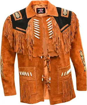 Men's Cowboy Western leather Coat Native American Jacket with Fringes Beades &Bones