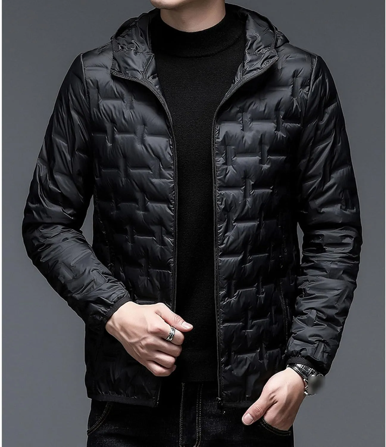 Men's Diamond Quilted Hooded Puffer Down Jacket Lightweight Packable Puffy Waterproof Winter Business Travel Coat