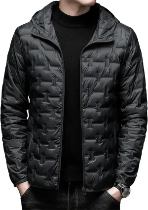 Men's Diamond Quilted Hooded Puffer Down Jacket Lightweight Packable Puffy Waterproof Winter Business Travel Coat