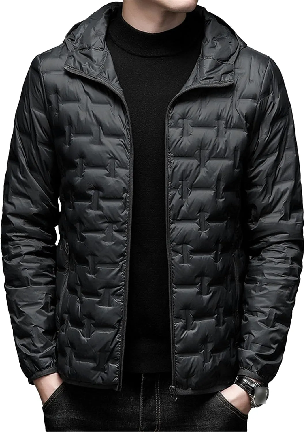 Men's Diamond Quilted Hooded Puffer Down Jacket Lightweight Packable Puffy Waterproof Winter Business Travel Coat
