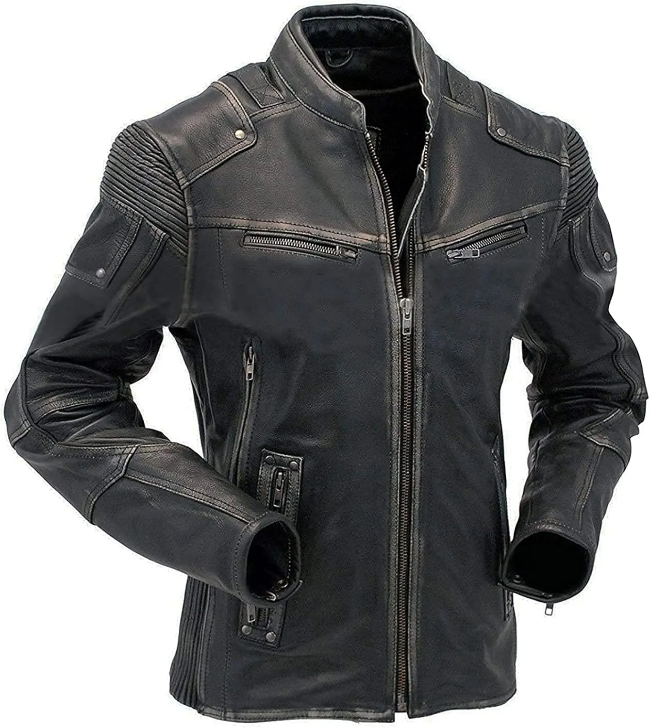 Men's Durable Leather Classic Motorcycle Protective Armored Style Biker Riding Jacket