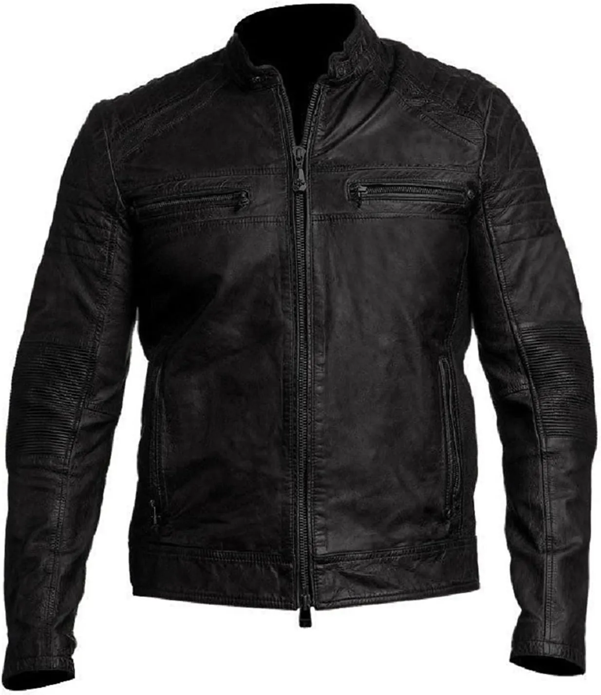 Men's Durable Leather Classic Motorcycle Protective Armored Style Biker Riding Jacket