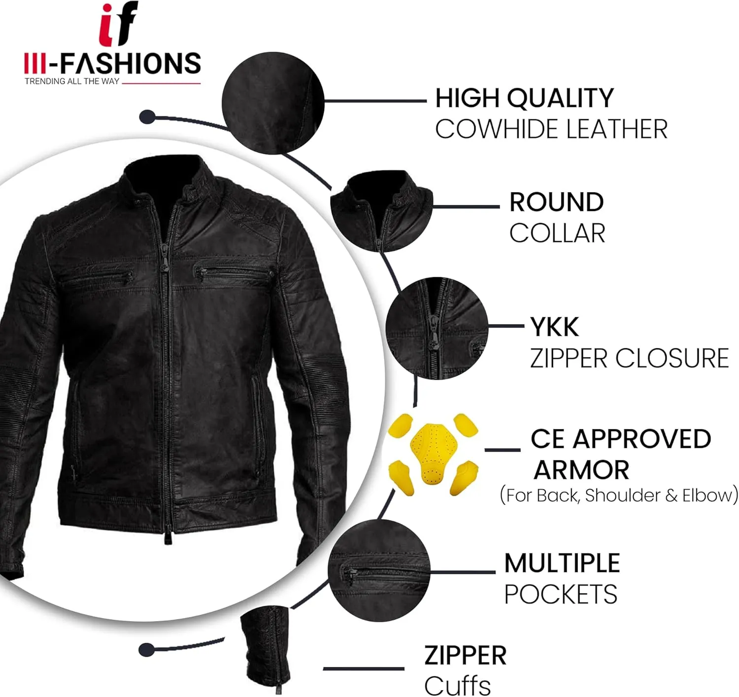 Men's Durable Leather Classic Motorcycle Protective Armored Style Biker Riding Jacket