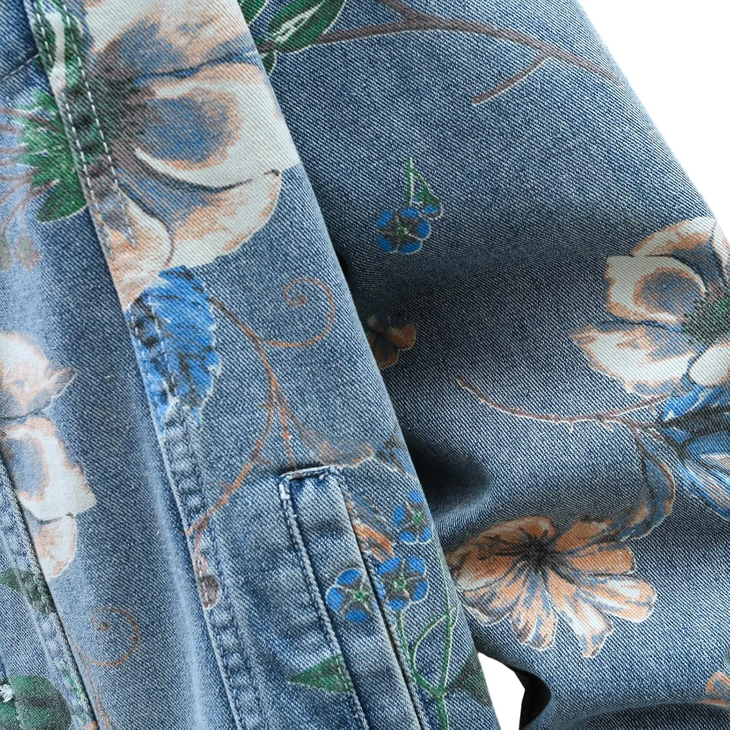 Mens Floral Print Denim Jacket Couple Oversized Jean Coat Unisex Basic Jacket
