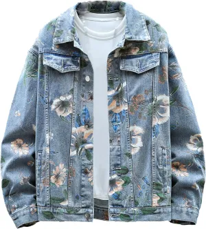 Mens Floral Print Denim Jacket Couple Oversized Jean Coat Unisex Basic Jacket