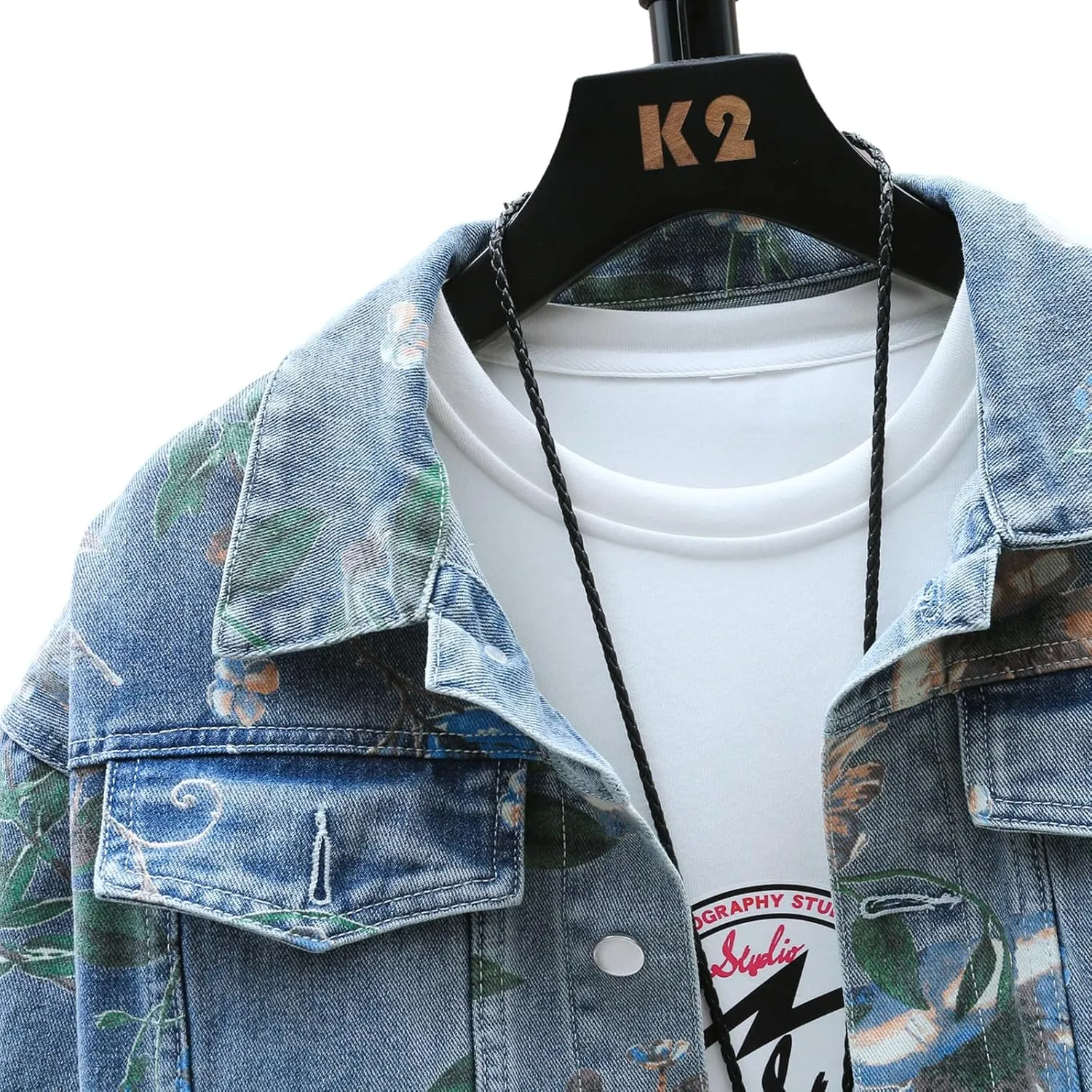 Mens Floral Print Denim Jacket Couple Oversized Jean Coat Unisex Basic Jacket