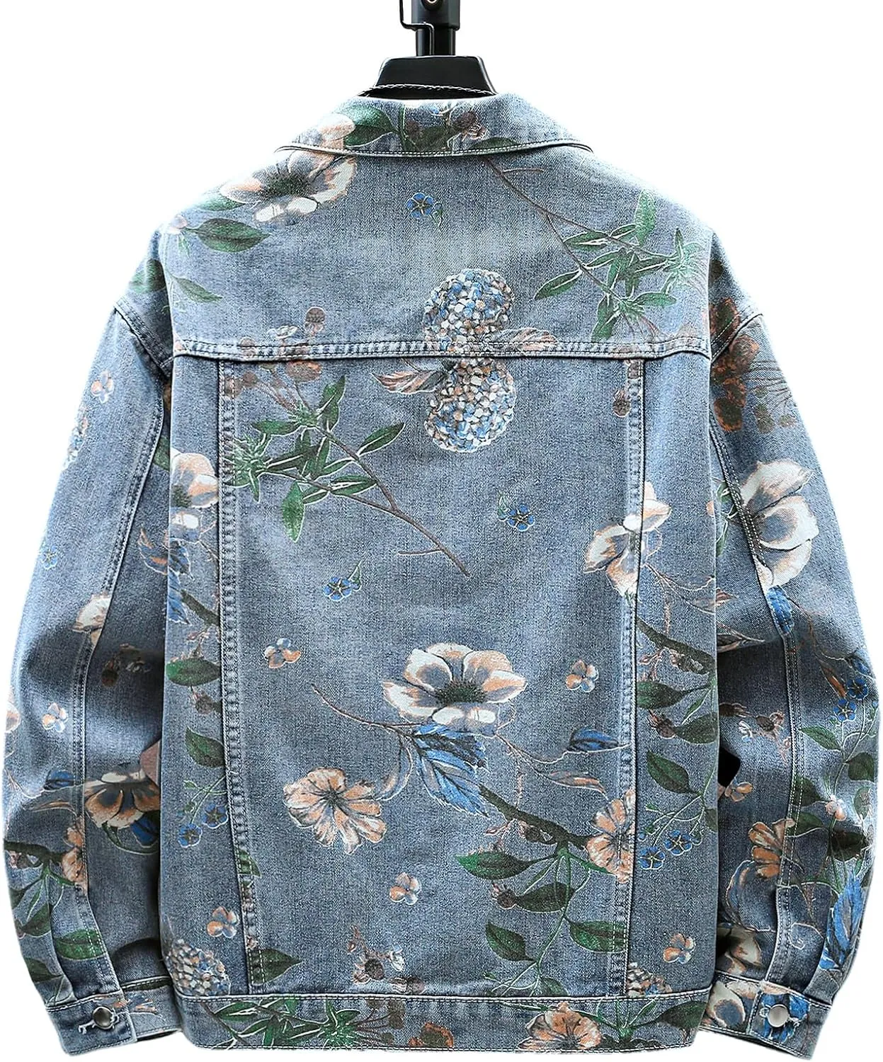 Mens Floral Print Denim Jacket Couple Oversized Jean Coat Unisex Basic Jacket