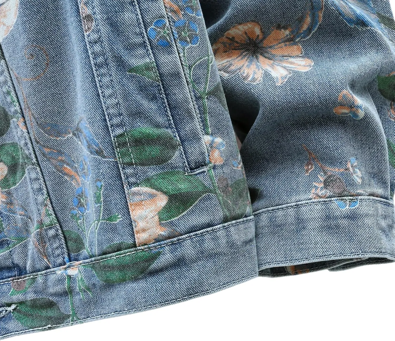 Mens Floral Print Denim Jacket Couple Oversized Jean Coat Unisex Basic Jacket