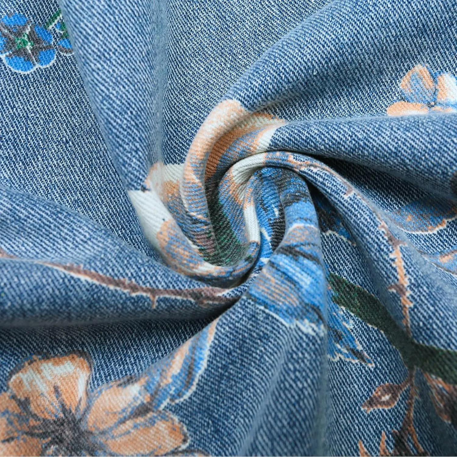 Mens Floral Print Denim Jacket Couple Oversized Jean Coat Unisex Basic Jacket