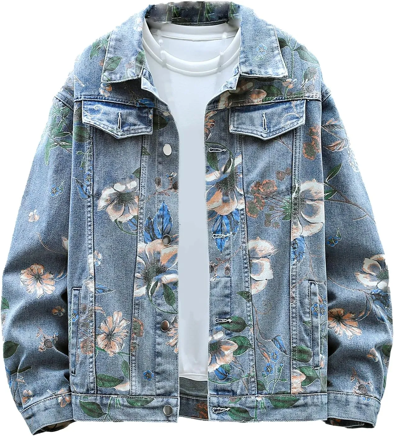Mens Floral Print Denim Jacket Couple Oversized Jean Coat Unisex Basic Jacket