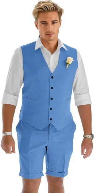 Men's Linen Suit 2 Piece Slim Fit Shorts Suits for Men Casual Summer Beach Wedding Vest Shorts Set