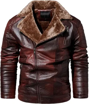 Men's Motorcycle Warm Leather Jacket Winter Outdoor Faux Leather Coat Sherpa Fur Collar Bike Bomber Jacket