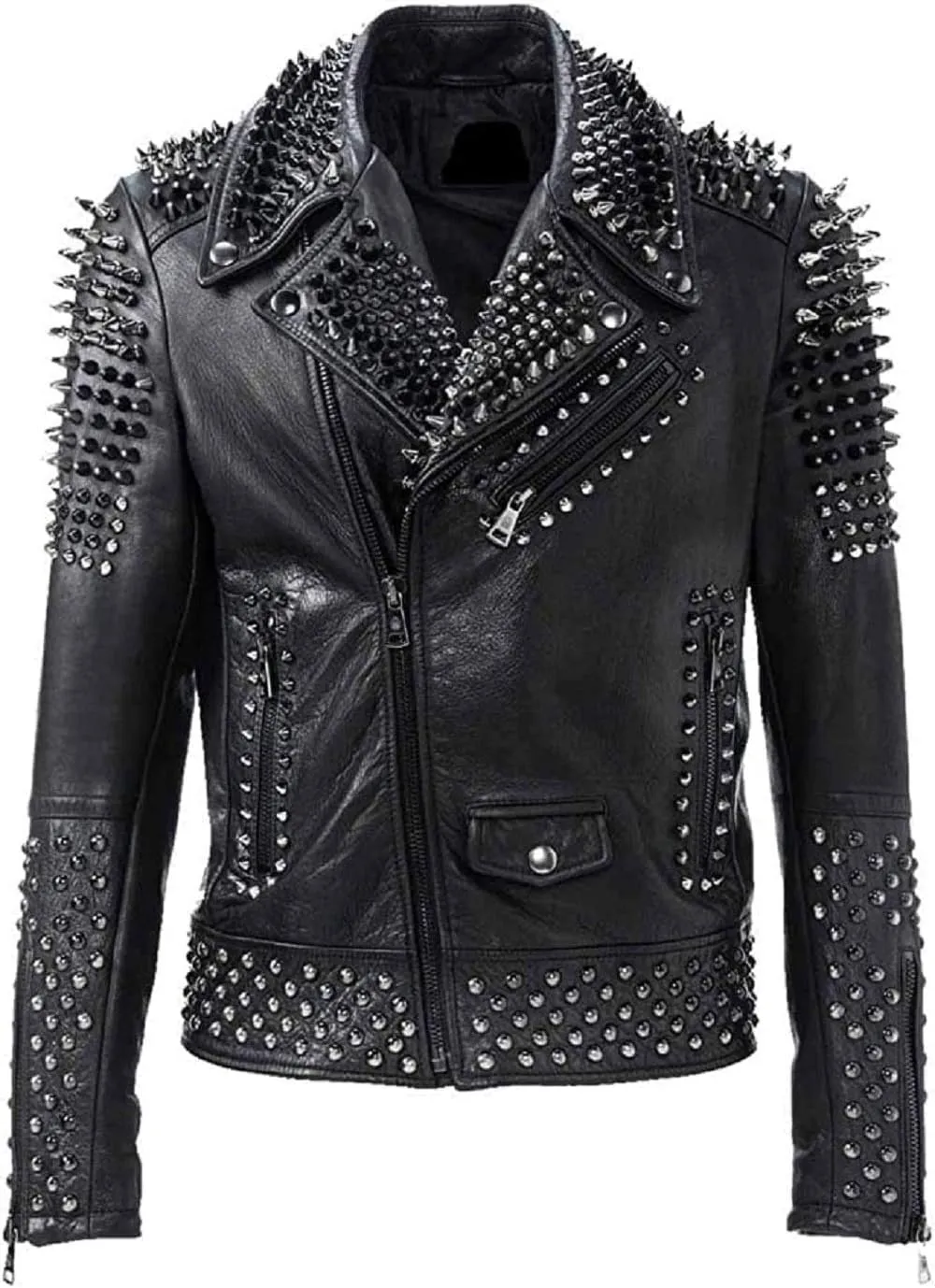 Men's Multicolor Diamond Studded Brando Retro Motorcycle Rock Punk Biker Genuine Leather Jacket