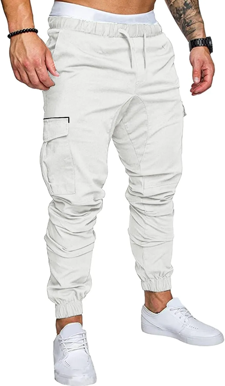 Mens Pants Cargo Joggers Sweatpants Casual Slim Fit Chino Trousers Elastic Waist Drawstring Pants with Pockets