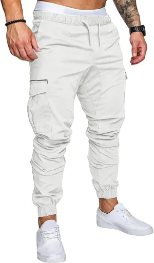 Mens Pants Cargo Joggers Sweatpants Casual Slim Fit Chino Trousers Elastic Waist Drawstring Pants with Pockets