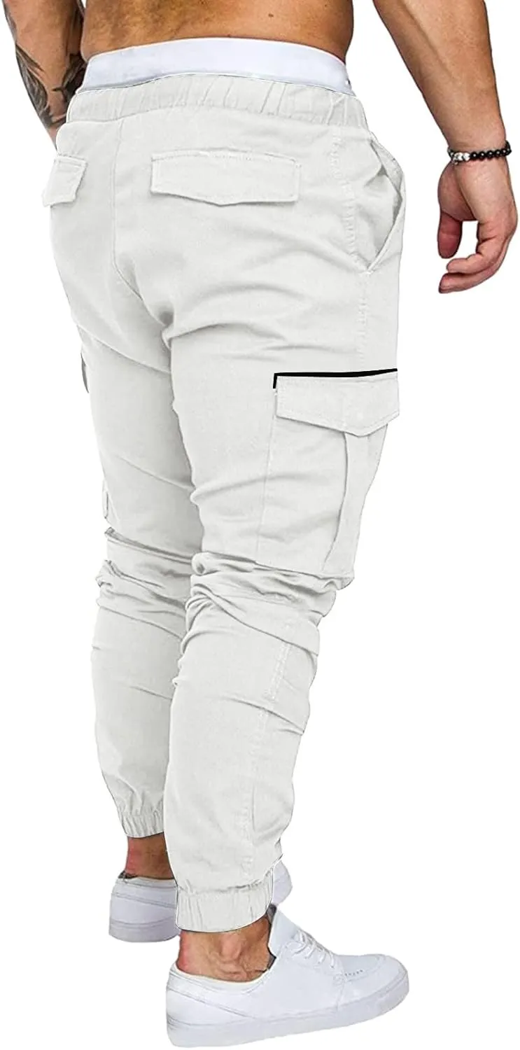 Mens Pants Cargo Joggers Sweatpants Casual Slim Fit Chino Trousers Elastic Waist Drawstring Pants with Pockets