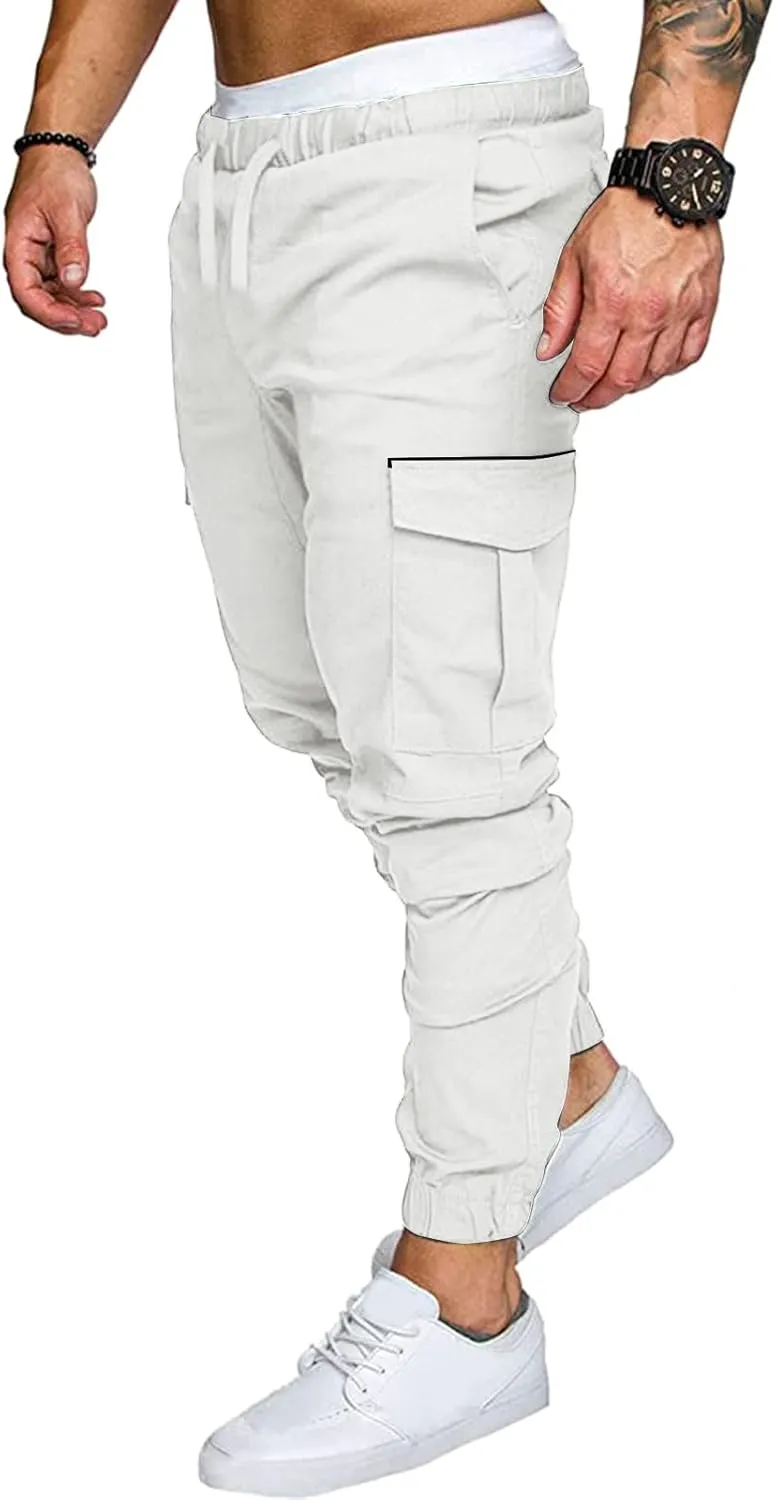 Mens Pants Cargo Joggers Sweatpants Casual Slim Fit Chino Trousers Elastic Waist Drawstring Pants with Pockets
