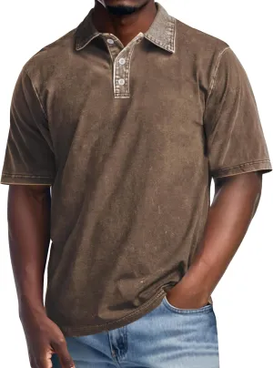 Men's Polo Shirts Short Sleeve Casual Summer Tee Tops Distressed Washed Button Cotton T-Shirt