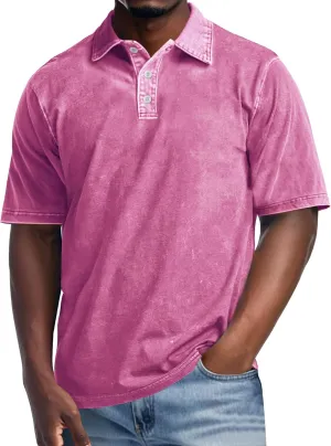 Men's Polo Shirts Short Sleeve Casual Summer Tee Tops Distressed Washed Button Cotton T-Shirt