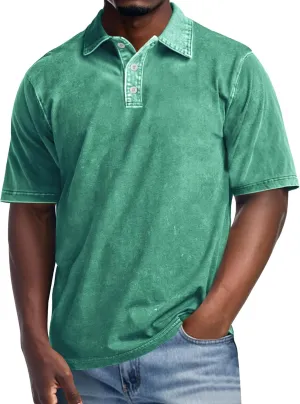 Men's Polo Shirts Short Sleeve Casual Summer Tee Tops Distressed Washed Button Cotton T-Shirt