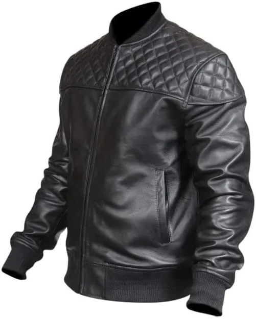 Men's Quilted Shoulder Rib Design Slim Leather Jacket SouthBeachLeather