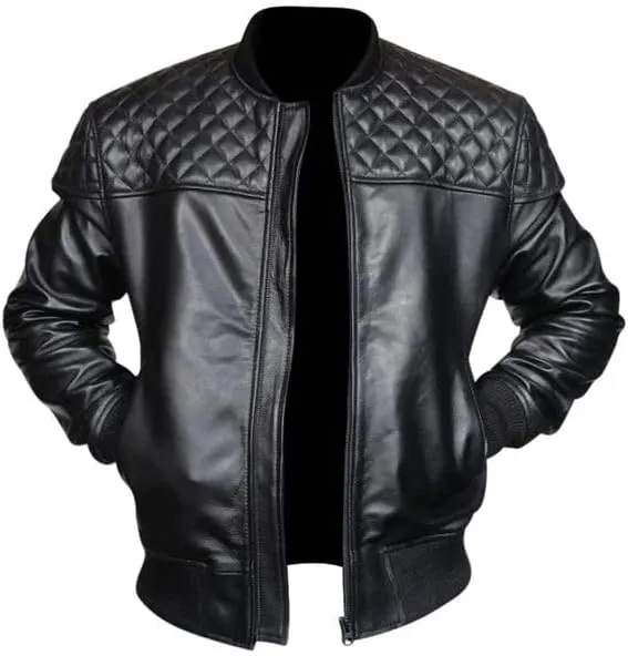 Men's Quilted Shoulder Rib Design Slim Leather Jacket SouthBeachLeather