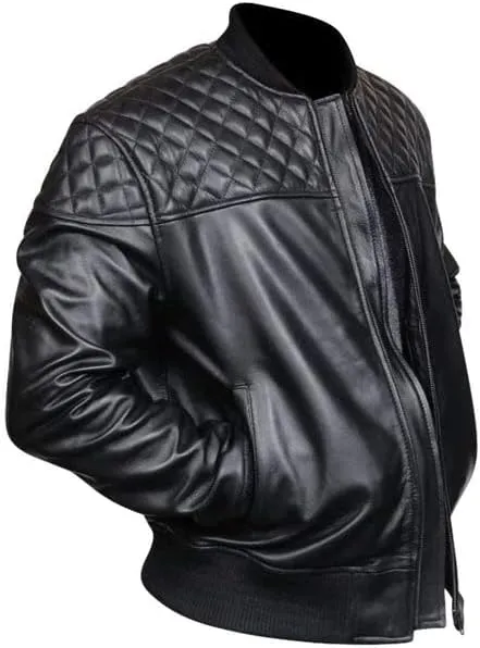 Men's Quilted Shoulder Rib Design Slim Leather Jacket SouthBeachLeather
