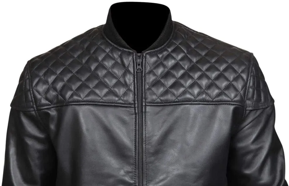 Men's Quilted Shoulder Rib Design Slim Leather Jacket SouthBeachLeather