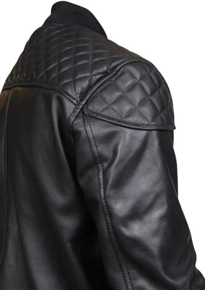 Men's Quilted Shoulder Rib Design Slim Leather Jacket SouthBeachLeather