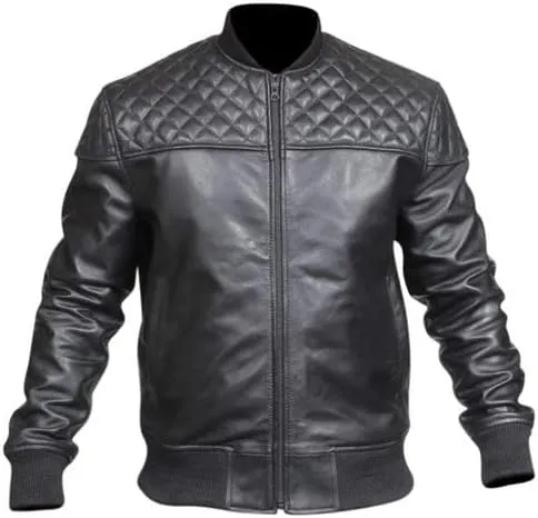 Men's Quilted Shoulder Rib Design Slim Leather Jacket SouthBeachLeather