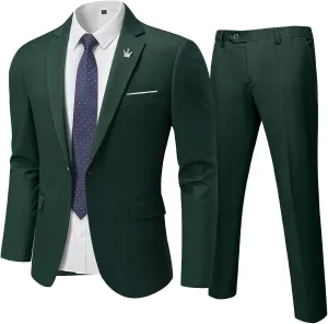 Men's Slim Fit 2 Piece Suit with Tie, One Button Solid Jacket and Pants for Business Weddings Party