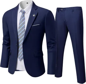 Men's Slim Fit 2 Piece Suit with Tie, One Button Solid Jacket and Pants for Business Weddings Party