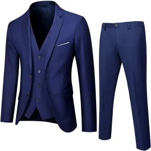 Men's Slim Fit Blue 3 Piece Suit Set - Blazer, Vest, Pants - Wedding, Business, Prom, Tuxedo Suits