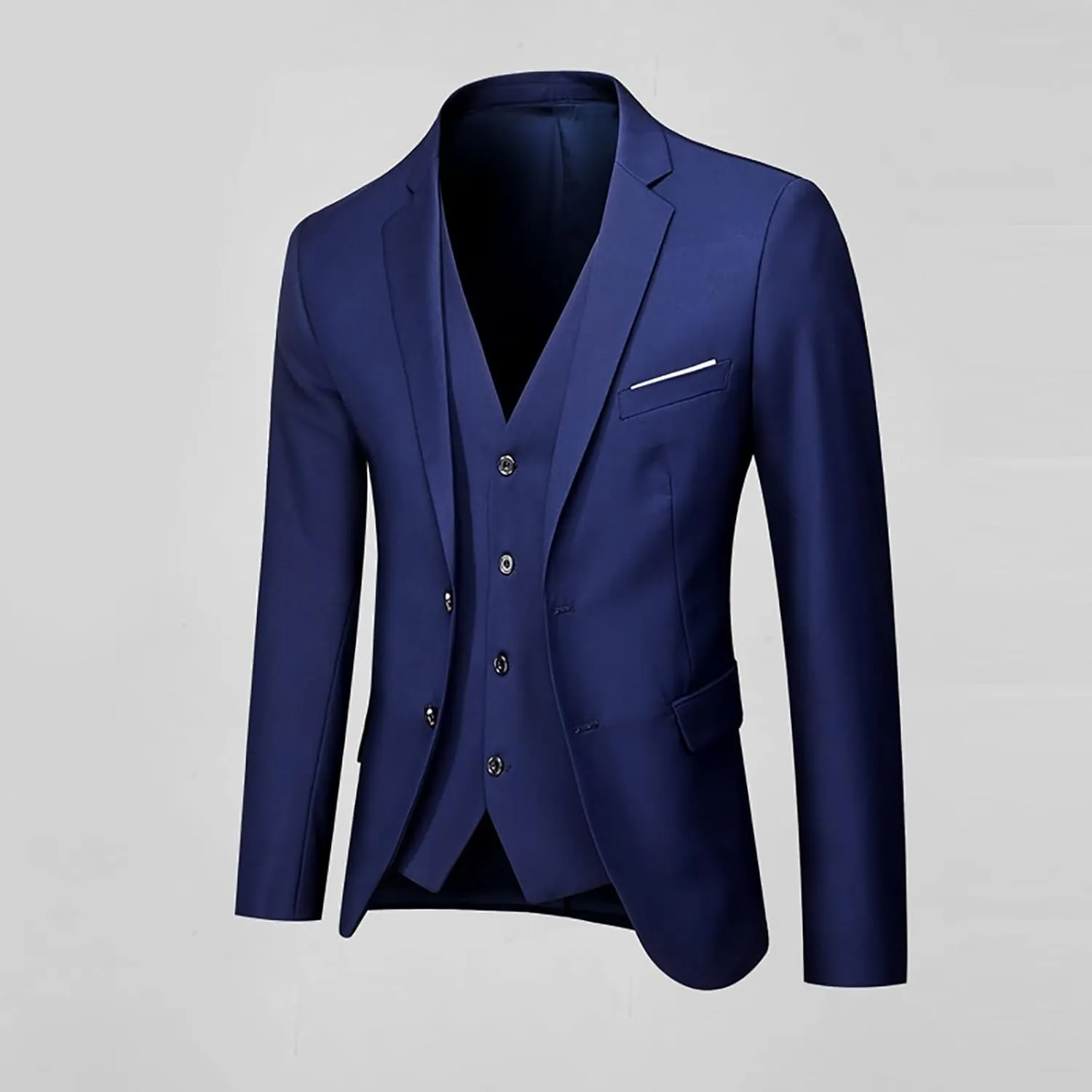 Men's Slim Fit Blue 3 Piece Suit Set - Blazer, Vest, Pants - Wedding, Business, Prom, Tuxedo Suits