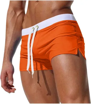 Mens Square Leg Swim Trunks Summer Beach Retro Drawstring Quick Dry Swim Brief Hot Body Sexy Swimsuit with Zip Pocket