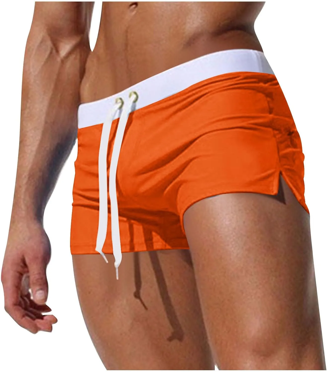 Mens Square Leg Swim Trunks Summer Beach Retro Drawstring Quick Dry Swim Brief Hot Body Sexy Swimsuit with Zip Pocket