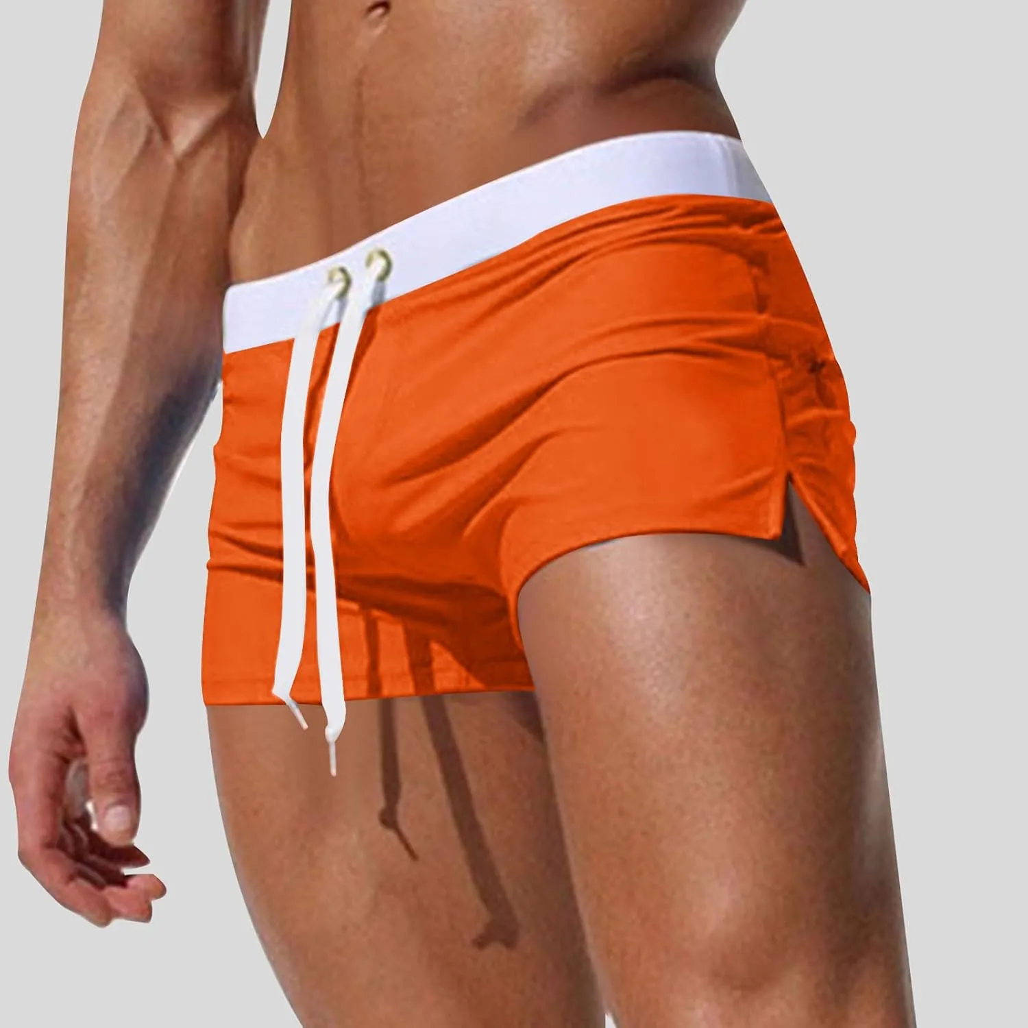 Mens Square Leg Swim Trunks Summer Beach Retro Drawstring Quick Dry Swim Brief Hot Body Sexy Swimsuit with Zip Pocket
