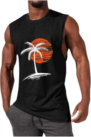 Mens Summer Beach Tank Top Hawaiian Palm Tree Print Sleeveless Muscle Basic Tee Vacation Tops