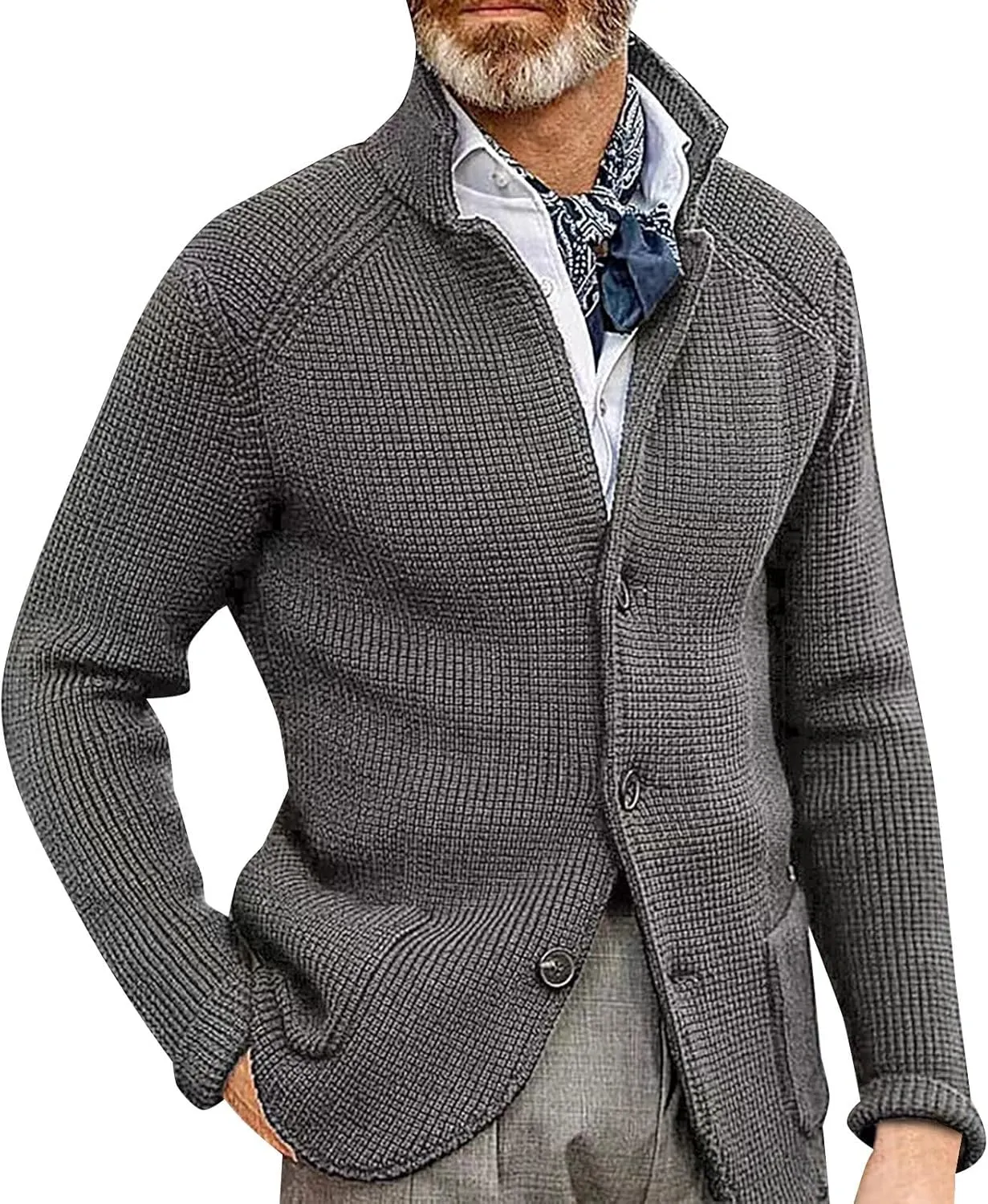 Mens Sweater Blazer Knitted Cardigan Sweater Sport Coat Casual Warm Stand Collar Chunky Button Down Wool Suit Jacket