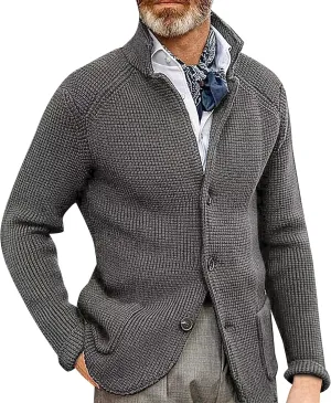 Mens Sweater Blazer Knitted Cardigan Sweater Sport Coat Casual Warm Stand Collar Chunky Button Down Wool Suit Jacket