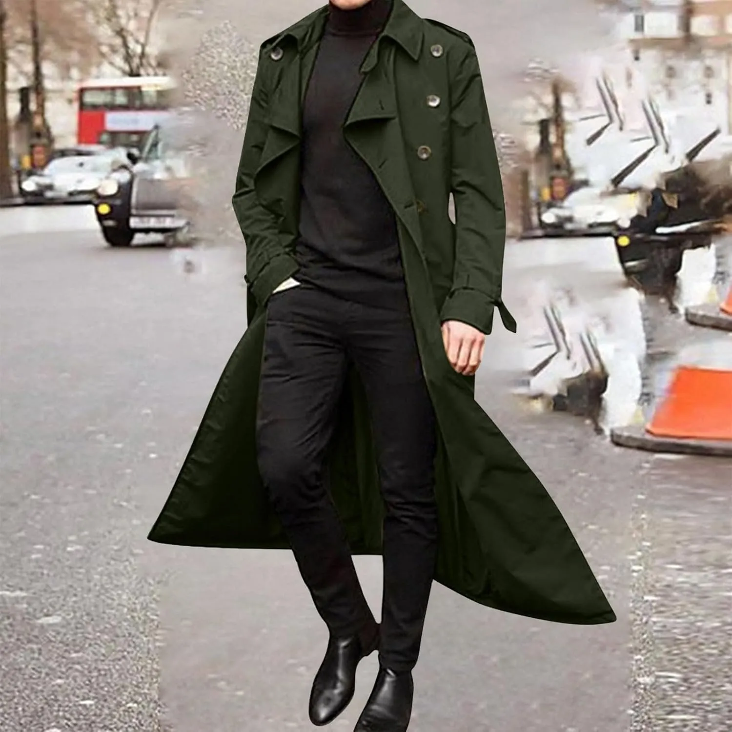 Mens Trench Coat Casual Fall Winter Pea Coat Warm Soft Windproof Overcoat Notched Lapel Collar Jacket Outwear