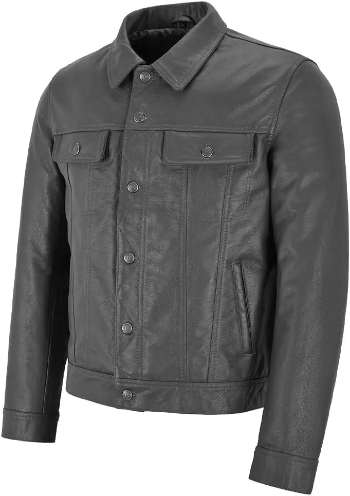 Mens Trucker Leather Jacket Vintage Genuine Lambskin Leather Jacket Men Shirt Style Man Leather Jacket