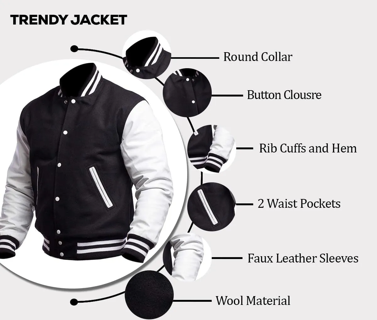 Men's Varsity Letterman Jacket - High School College Baseball Bomber Jacket Wool   Faux Leather Jacket Men