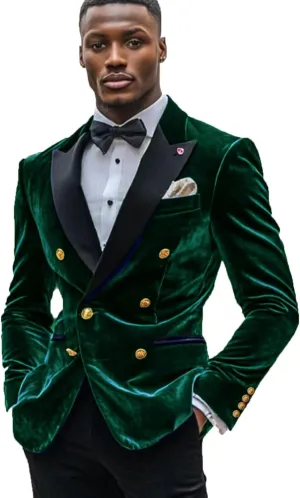 Men's Velvet Blazer Double Breasted Overcoat Notch Lapel Dinner Suit Jacket Coat for Prom Wedding Party Dinner